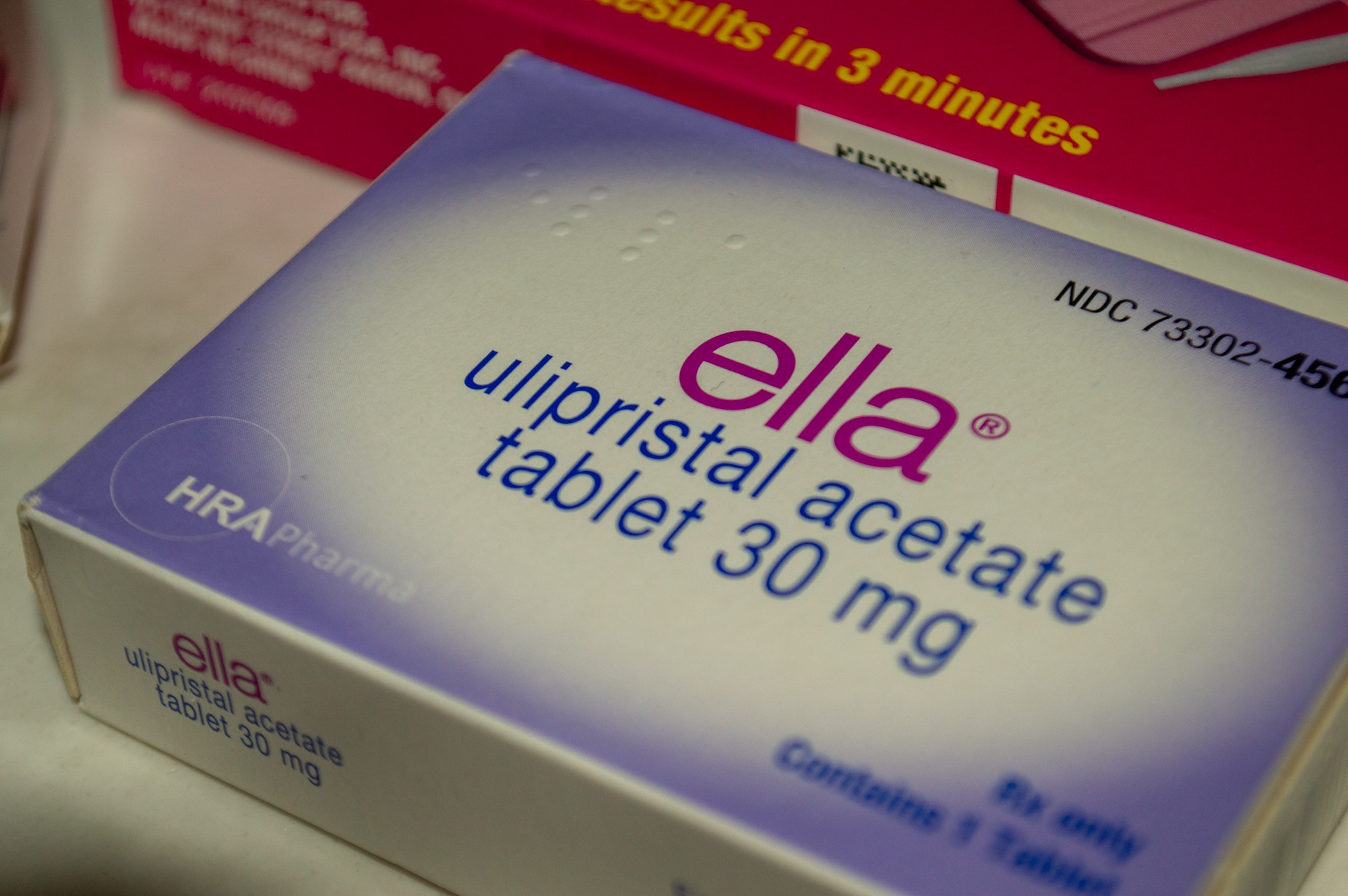 A purple box of Ella, an emergency contraceptive pill, sits on a table.